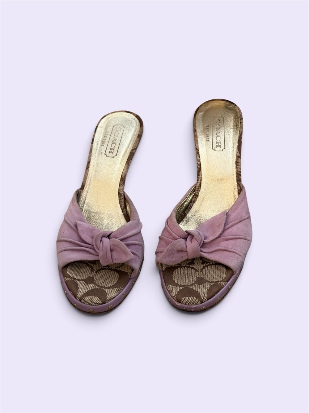 COACH Lilac Bowtie Slide Suede Sandals